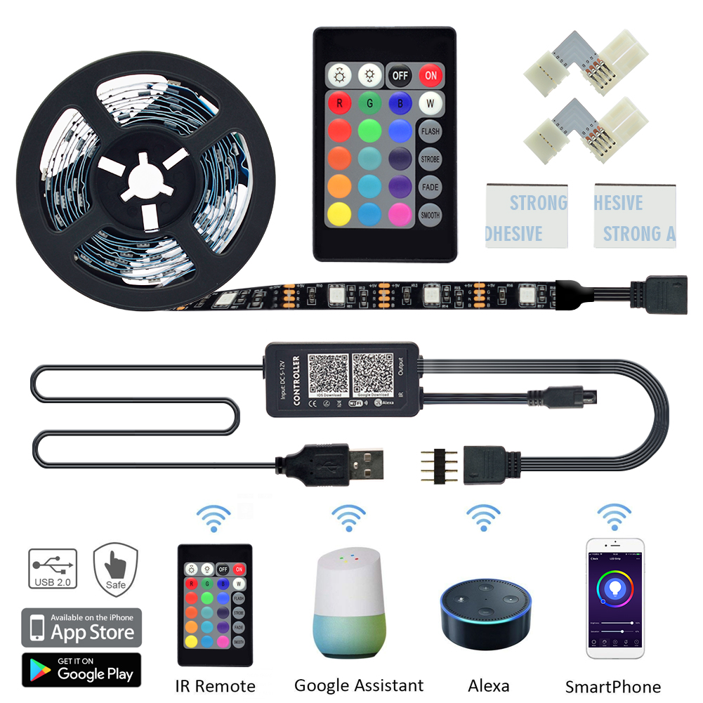 LED Wi-Fi Alexa TV Backlight Kit,  5VDC 6.56 Ft Multi-Color RGB Flexible LED Strip Lights + USB Wi-Fi Remote Controller For TV/ PC/ LCD/Desktop Monitors Background Lighting